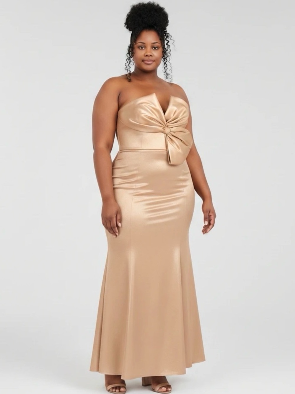 Aidan Mattox by Adrianna Papell Metallic Rose Gold Strapless Bow Mermaid Gown 14